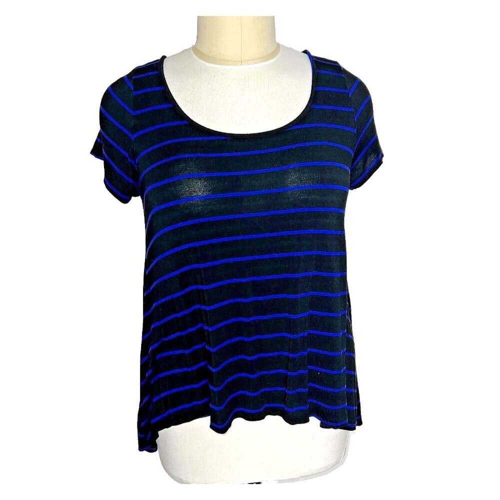 Star Vixen Women's 2X Blouse Black Blue Short Sleeve Striped Sharkbite Hi-Lo Hem